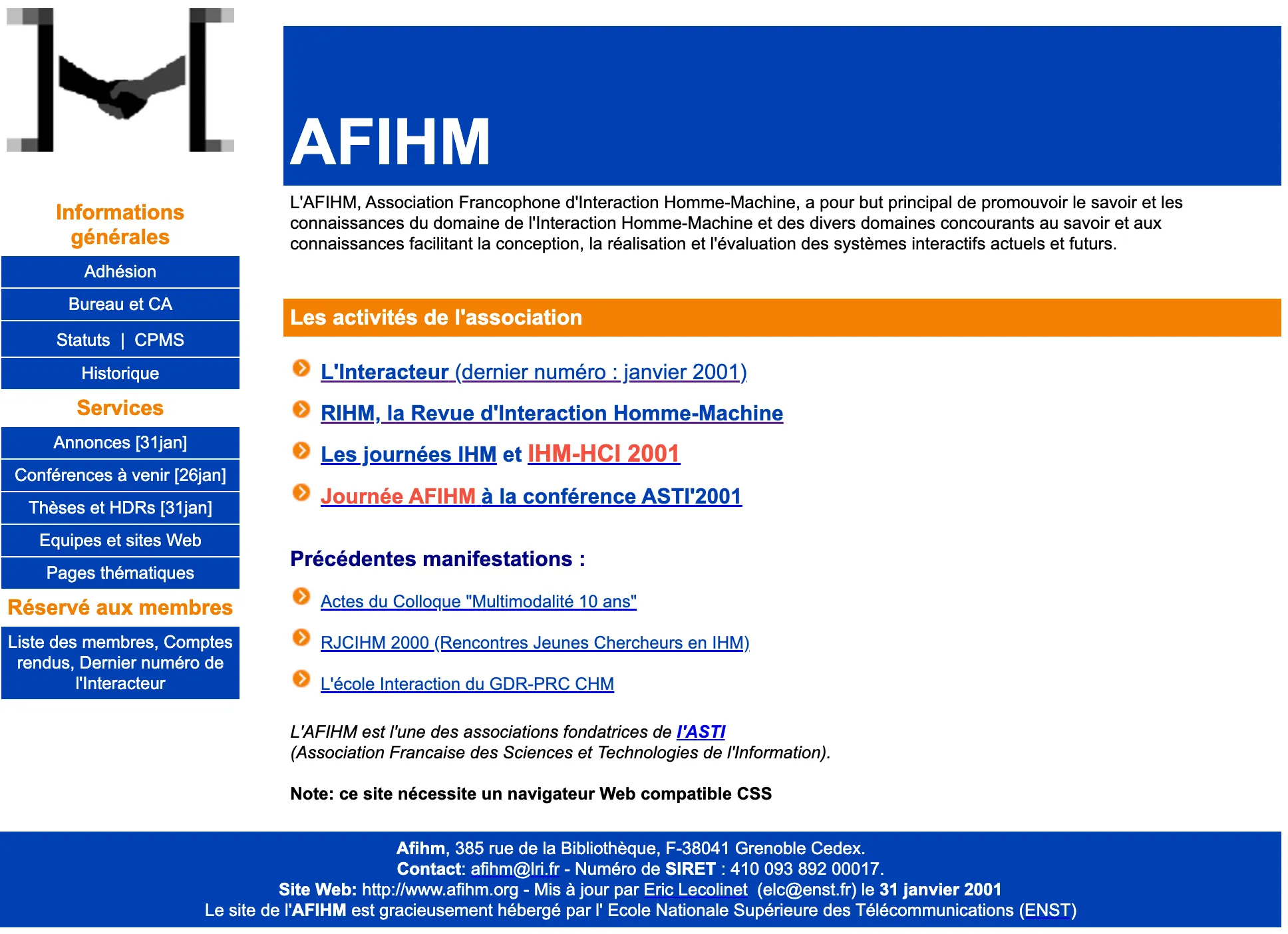 Capture d’écran du site web de l’AFIHM en 2001