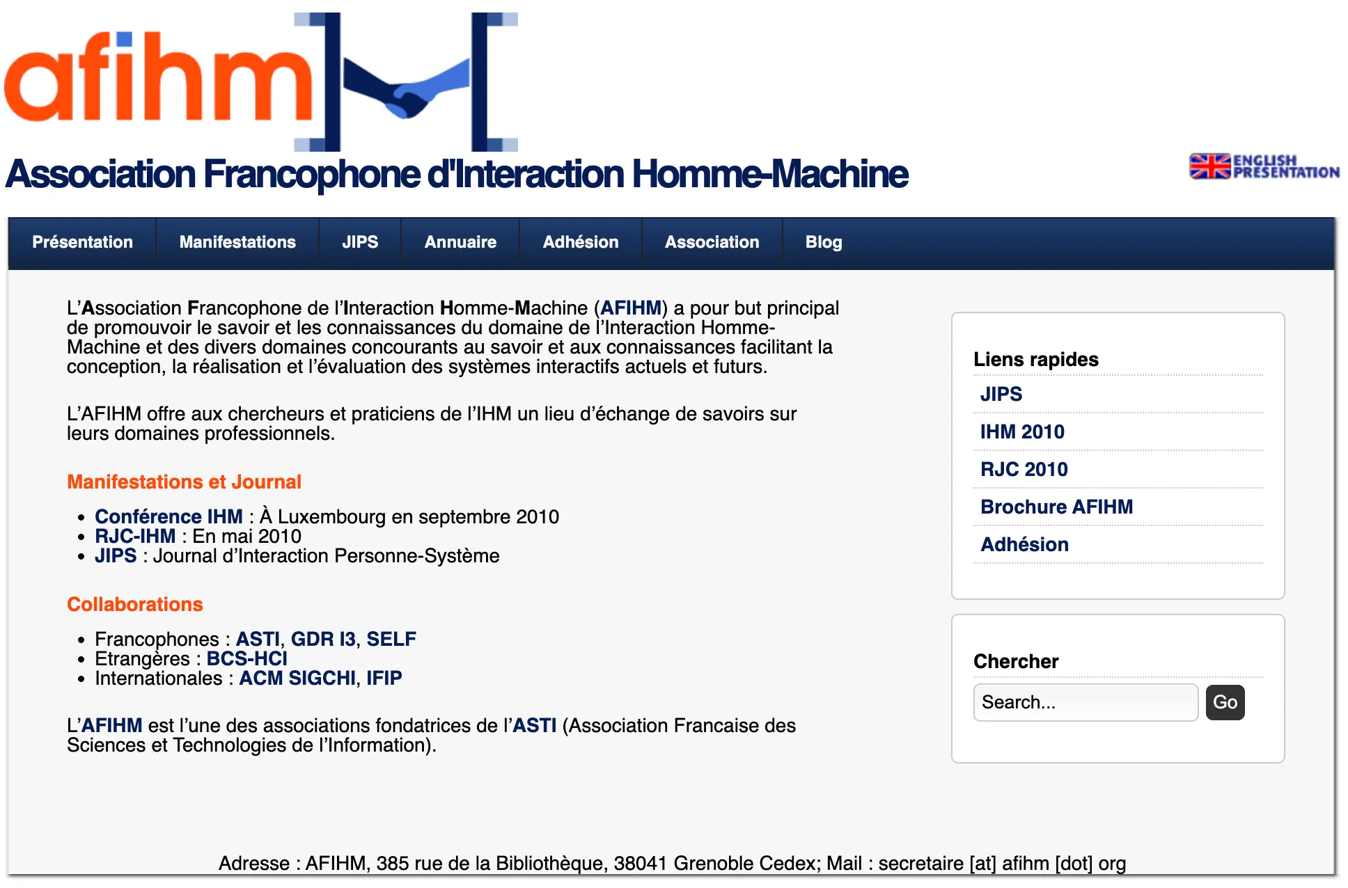 Capture d’écran du site web de l’AFIHM en 2010