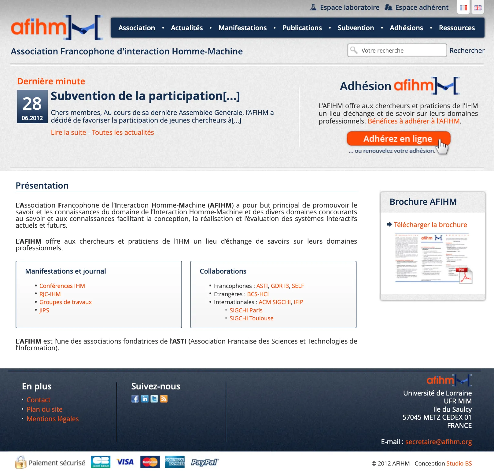 Capture d’écran du site web de l’AFIHM en 2012